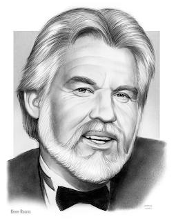 Black and white pencil drawing portrait of Kenny Rogers wearing a bow tie with a beard and silver hair