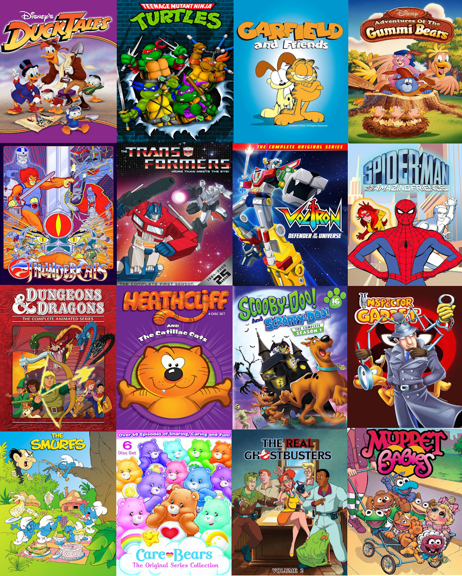 Collage of classic 80s and 90s cartoon TV show cover art including DuckTales, TMNT, Scooby-Doo, and Care Bears