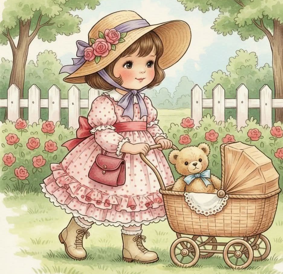 Young girl in pink polka dot dress pushing wicker pram with teddy bear in rose garden