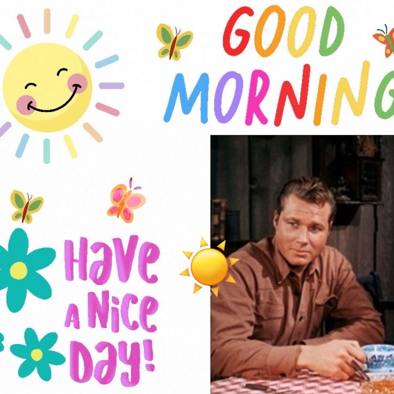 Man sitting at table with breakfast drink next to cheerful good morning text and decorative graphics