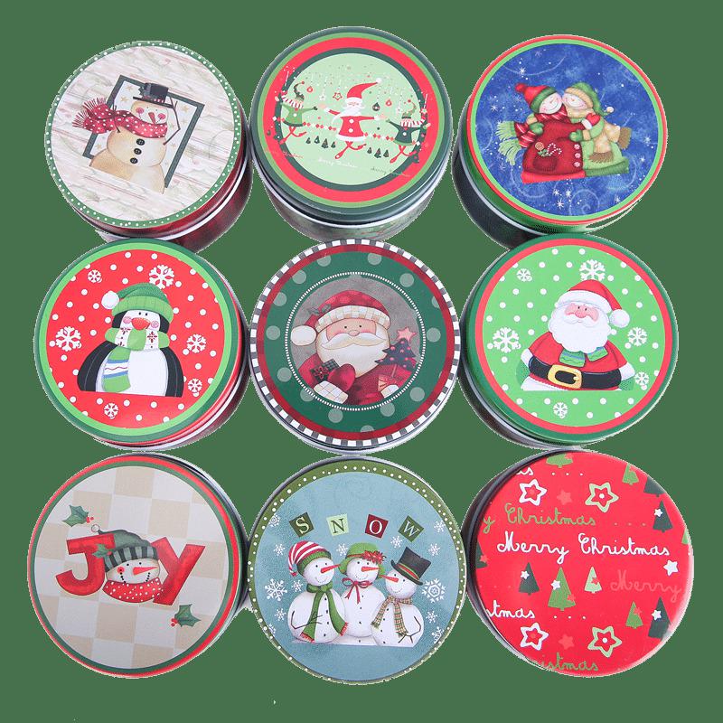 Nine colorful round Christmas tins with festive holiday designs arranged in rows