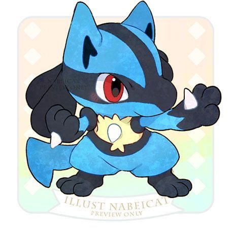 Chibi-style Riolu Pokémon character with blue fur, black markings, red eyes, and yellow chest star on pastel background