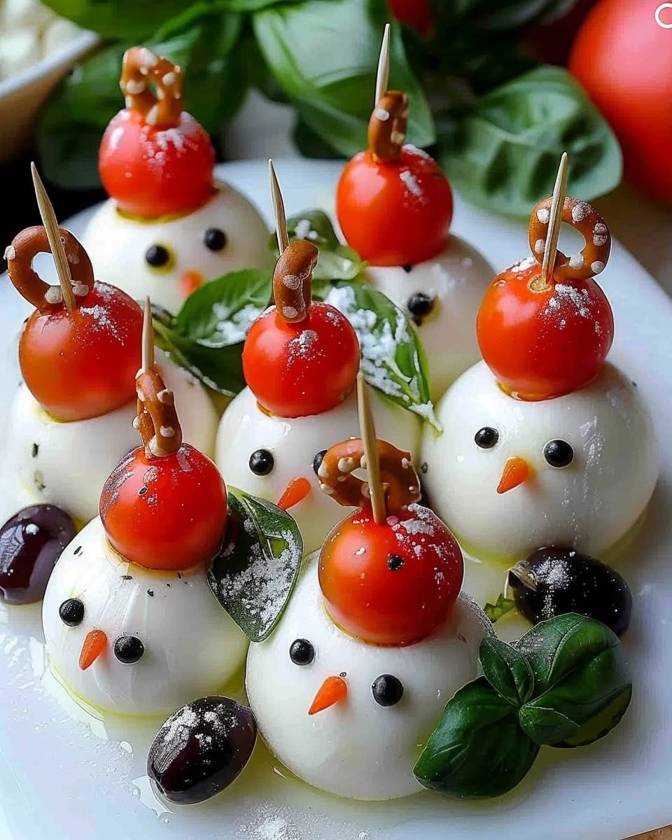 Mozzarella snowman appetizers with cherry tomato hats and basil garnish on white plate