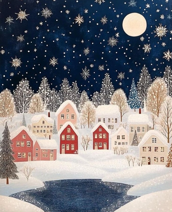 Snowy village with houses and trees under starry night sky with full moon
