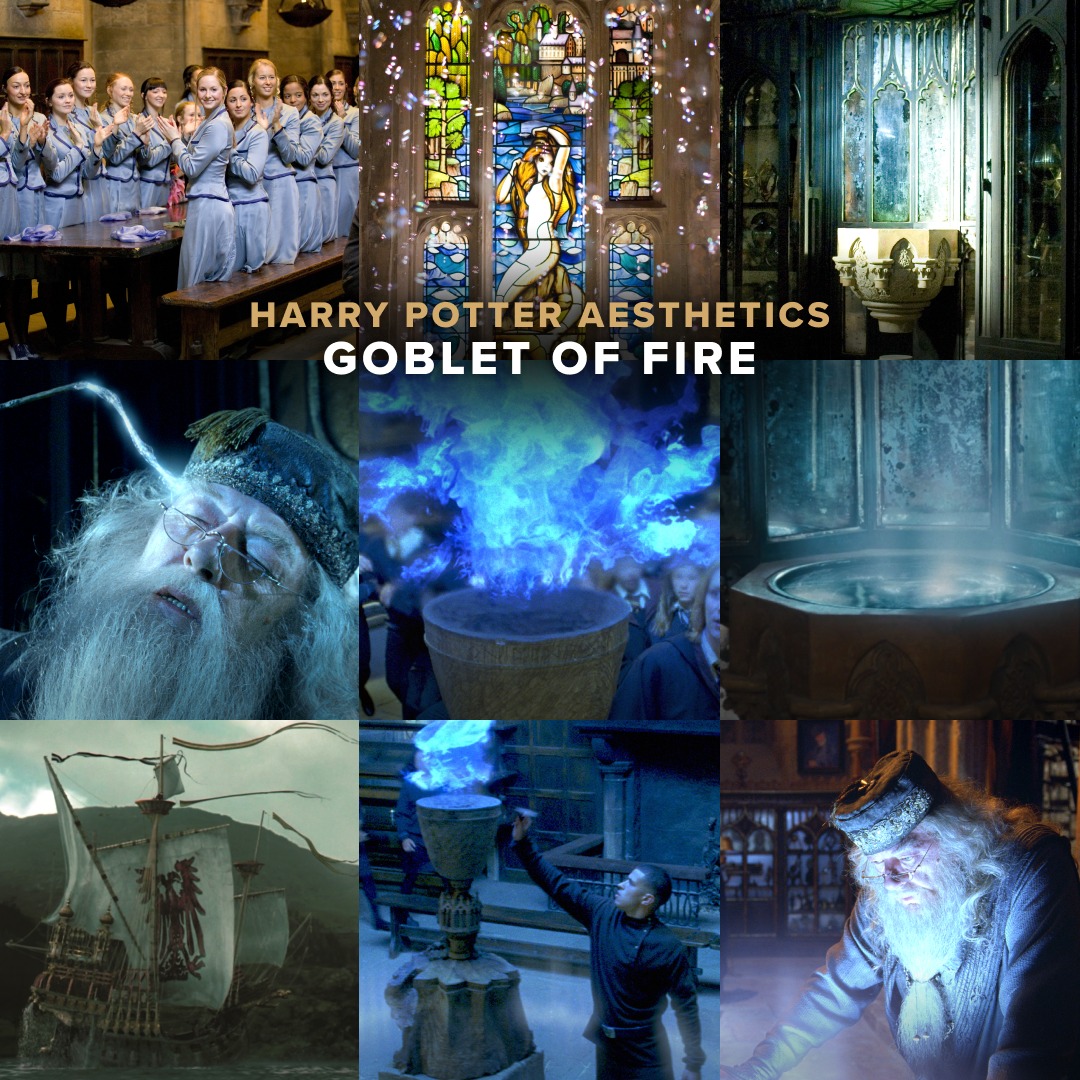 Collage of Harry Potter Goblet of Fire movie scenes with magical blue flames and Hogwarts settings