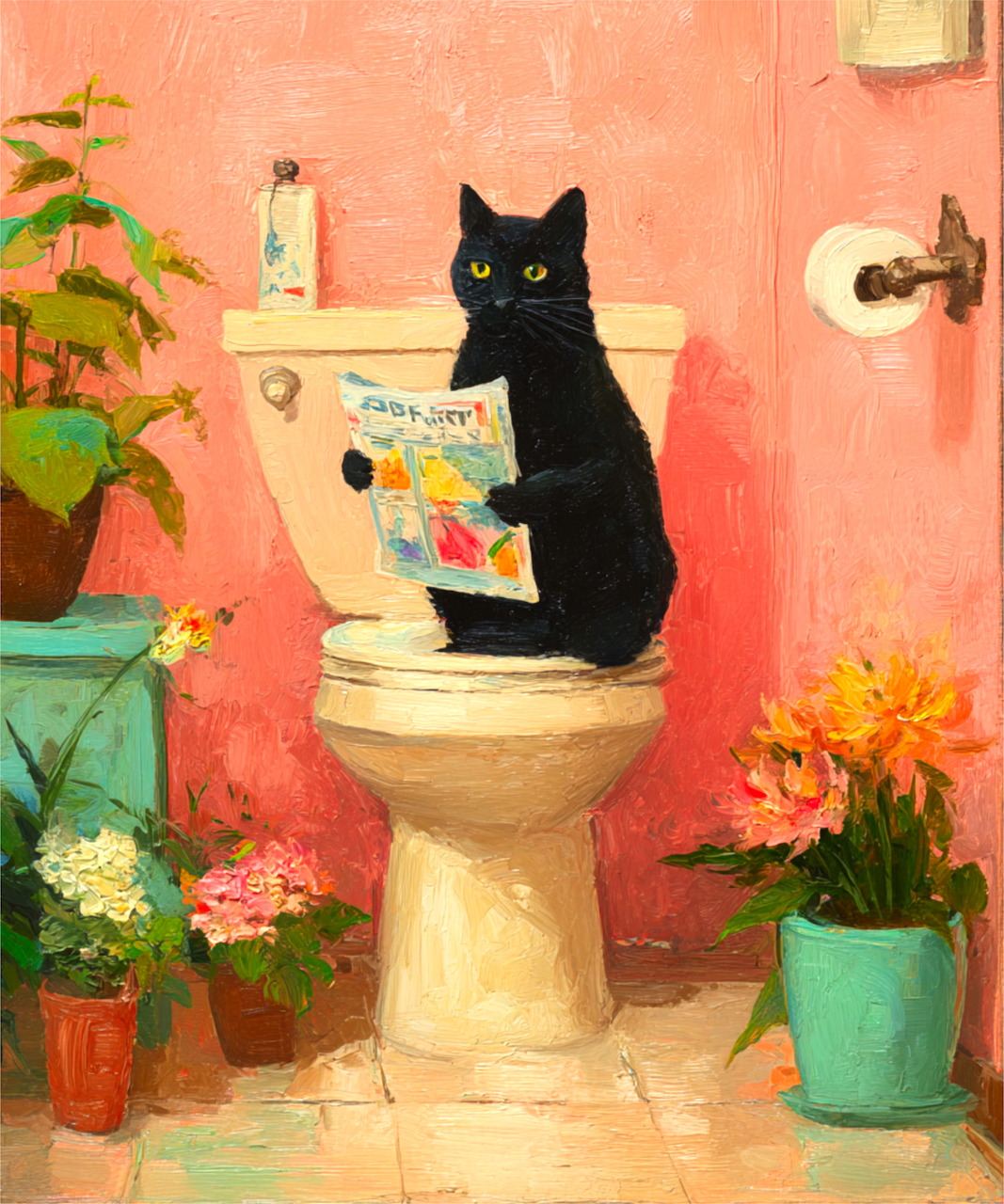 Painting of a black cat on a toilet reading a newspaper in a pink bathroom with flowers