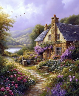 Stone cottage surrounded by colorful flowers with a winding garden path and stream