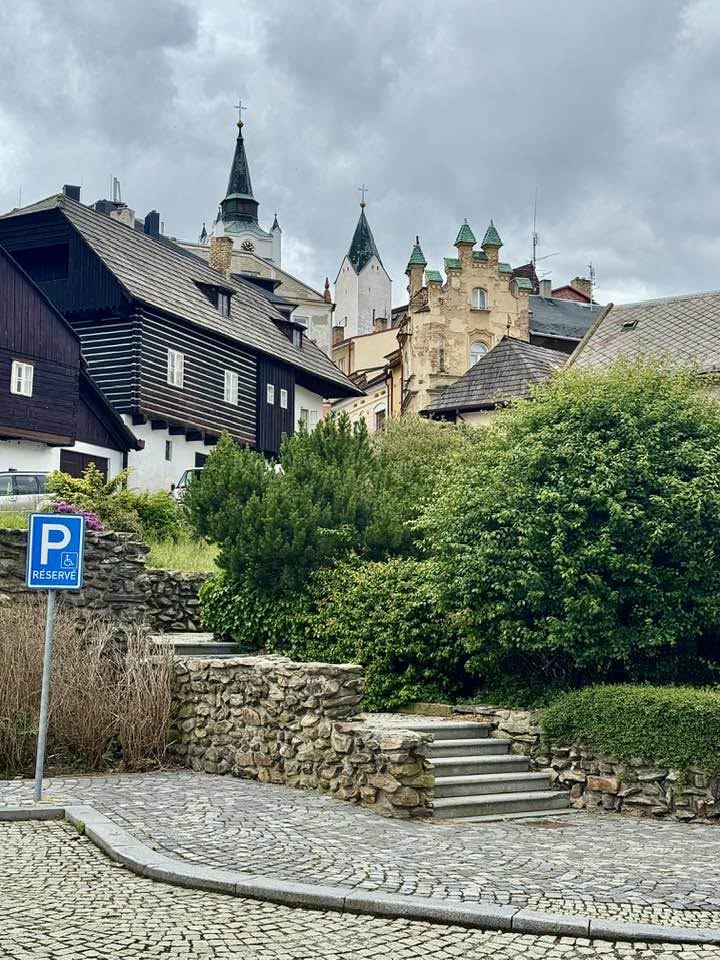 Cobblestone street leading past shrubs to old stone buildings and castle-like towers