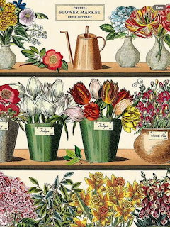 Vintage botanical illustration of flower market shelves with colorful blooms in vases and copper watering can