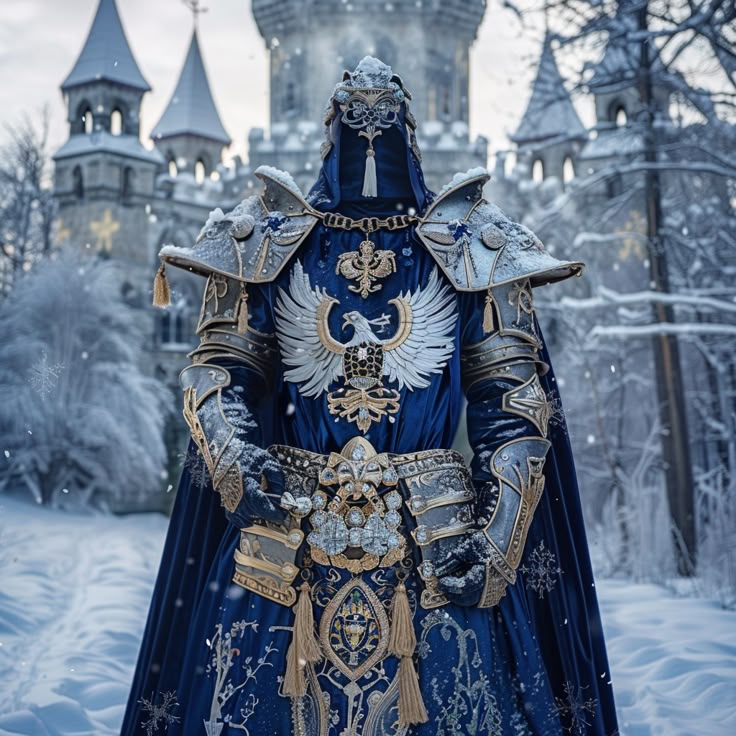 Medieval knight in elaborate blue and silver armor with cape standing in snow before castle towers