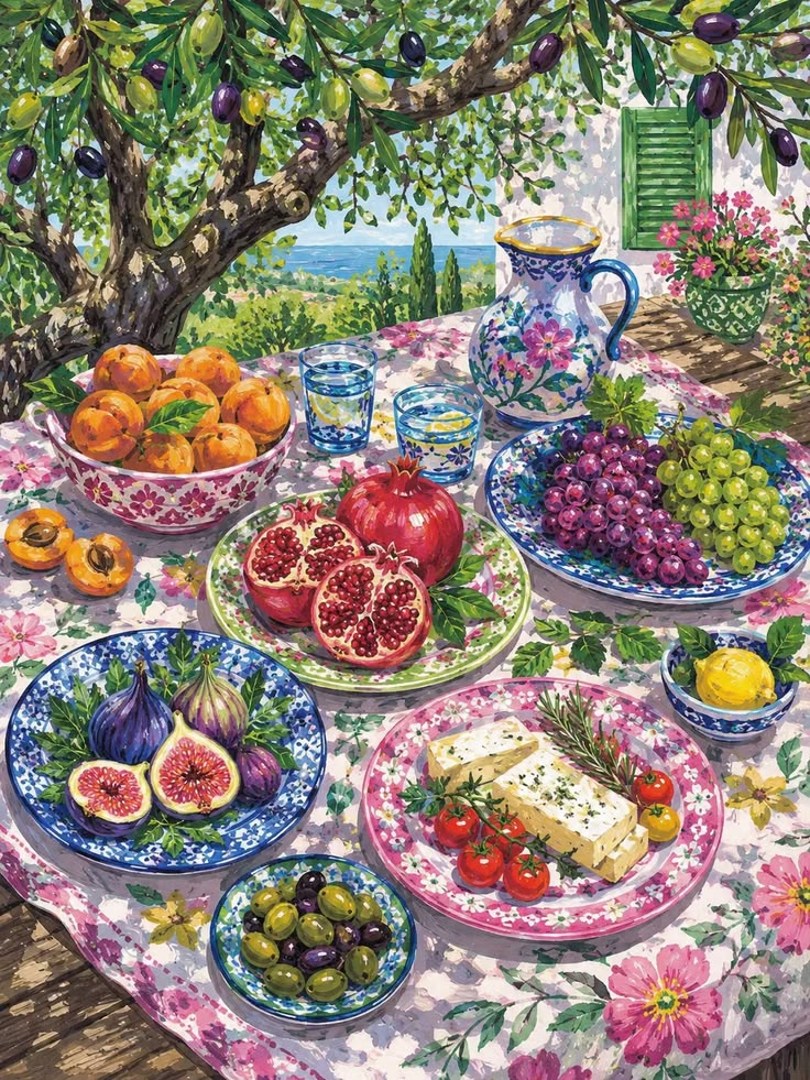 Colorful painting of abundant fresh fruit on decorated table with Mediterranean sea view