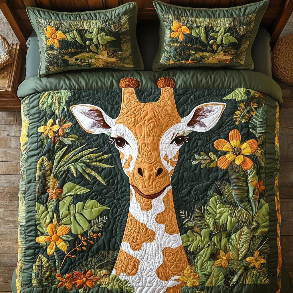 Quilted giraffe bedding set with tropical leaves and flowers on teal fabric