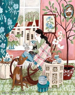 Illustration of girl reading by window with dog and plants in colorful room