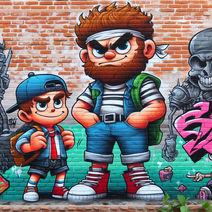 Vibrant street art mural showing three cartoon characters painted on brick wall with graffiti style