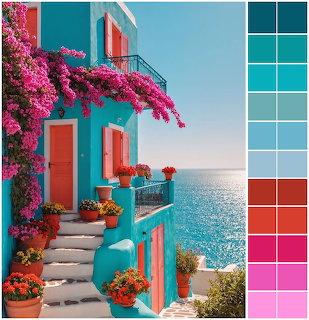 Turquoise coastal house with pink bougainvillea cascading over balcony, white stairs, ocean view