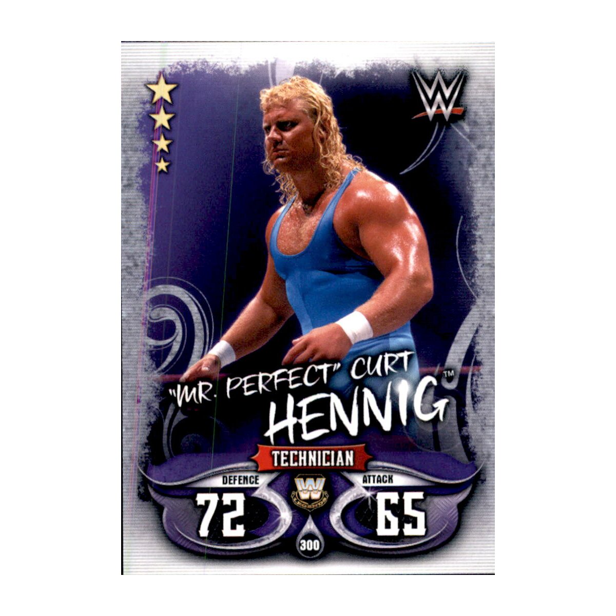 WWE trading card of Mr. Perfect Curt Hennig flexing in blue singlet with purple starry background and stat numbers
