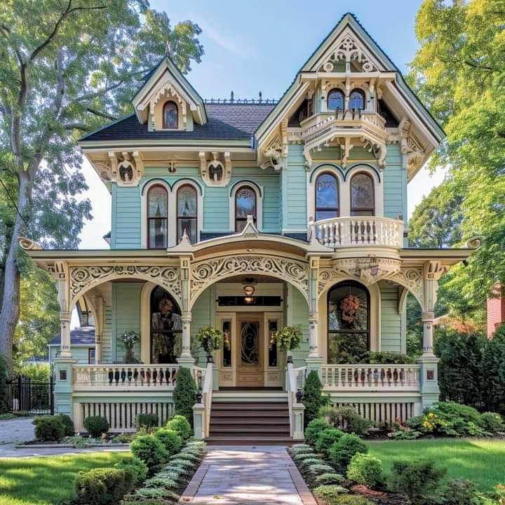 Light blue Victorian house with ornate white trim, front porch, balcony, and manicured lawn