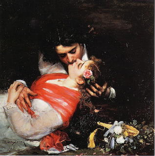 Oil painting of couple embracing and kissing, woman in white and red dress, dark romantic classical style