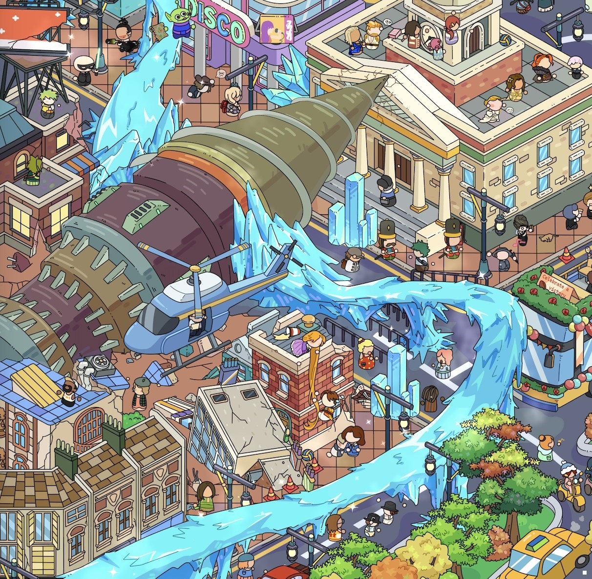 Isometric fantasy city with blue rivers flowing through colorful buildings and rooftops