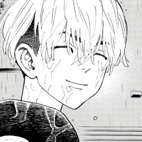 Black-and-white anime boy portrait with light hair and a gentle smile