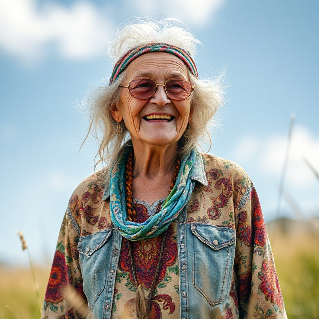 Elderly woman in hippie style clothing smiling outdoors with blue sky background
