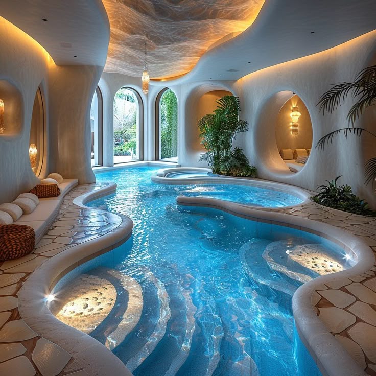 Curving indoor pool in white organic architecture with glowing alcoves and tropical plants