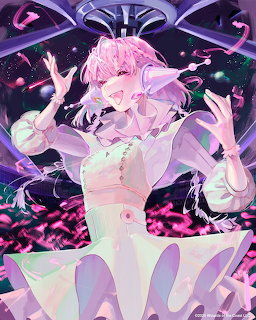Anime girl with pink hair singing happily in front of a colorful starry sky with purple and pink cosmic effects