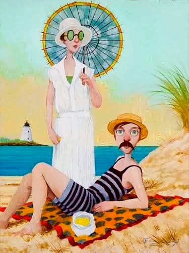 Painting of two stylized people on a sandy beach with a parasol, sea, and distant lighthouse