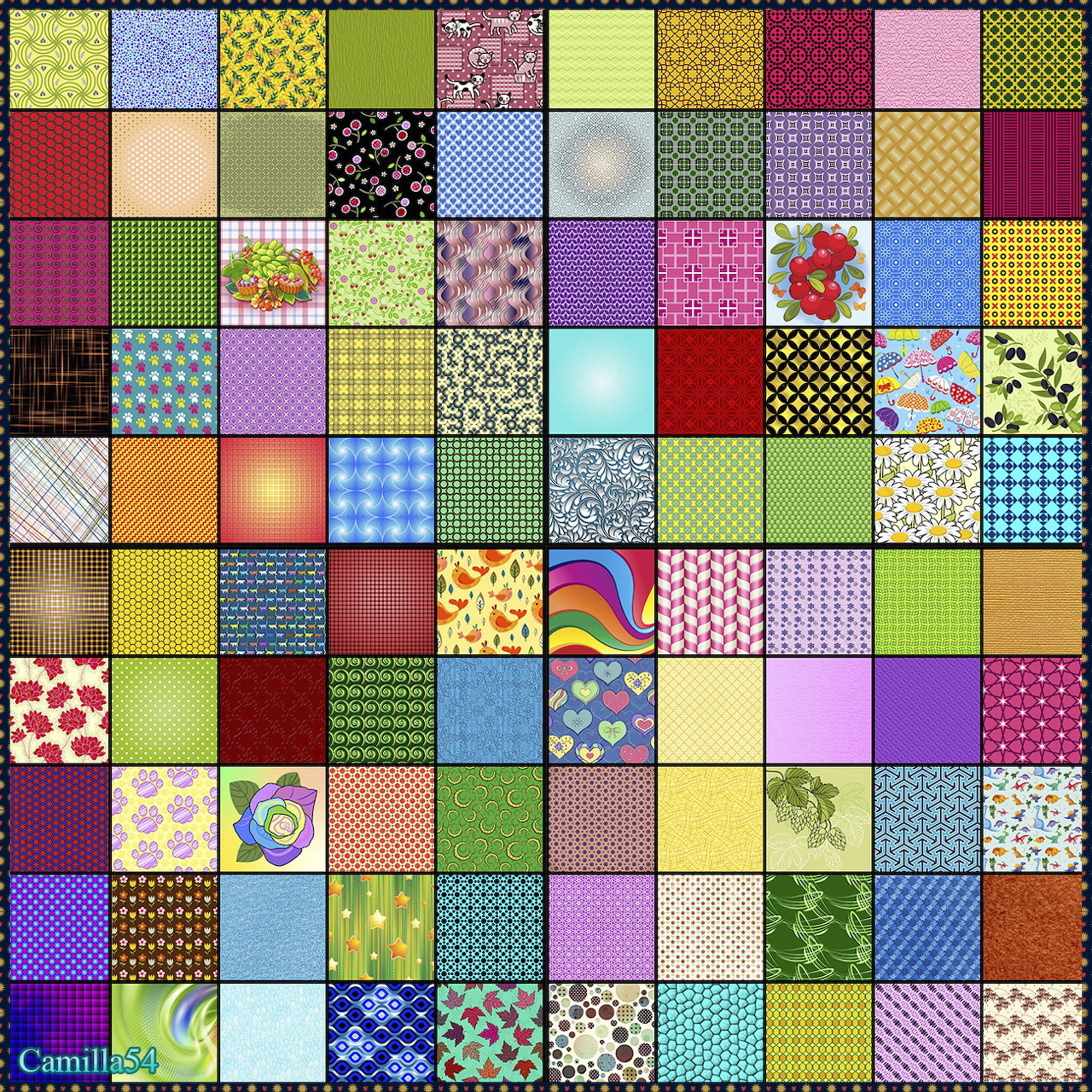 10x10 grid of colorful patchwork squares with diverse patterns including florals, dots, checks, and solids
