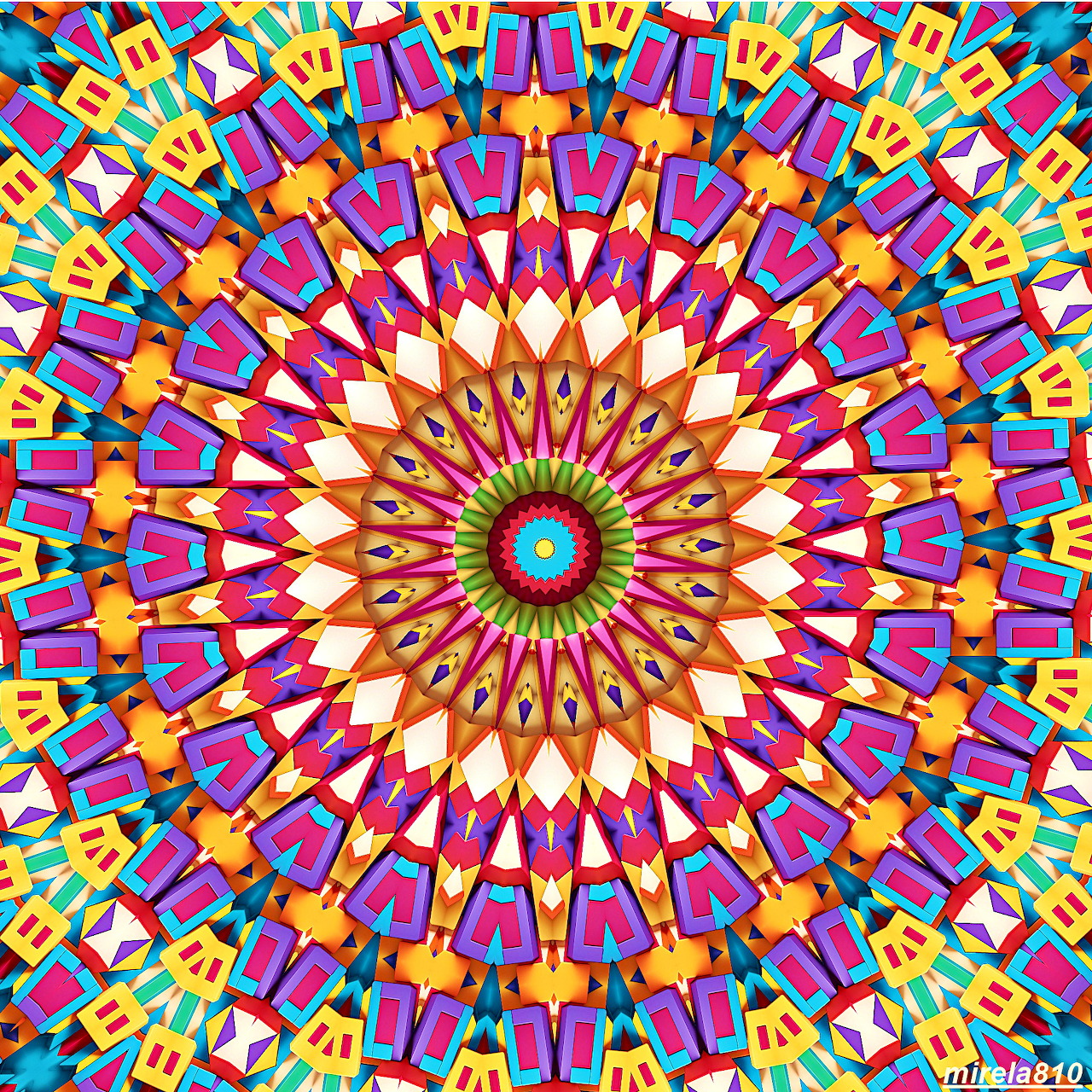 Colorful symmetrical mandala with radiating geometric patterns in vibrant rainbow colors