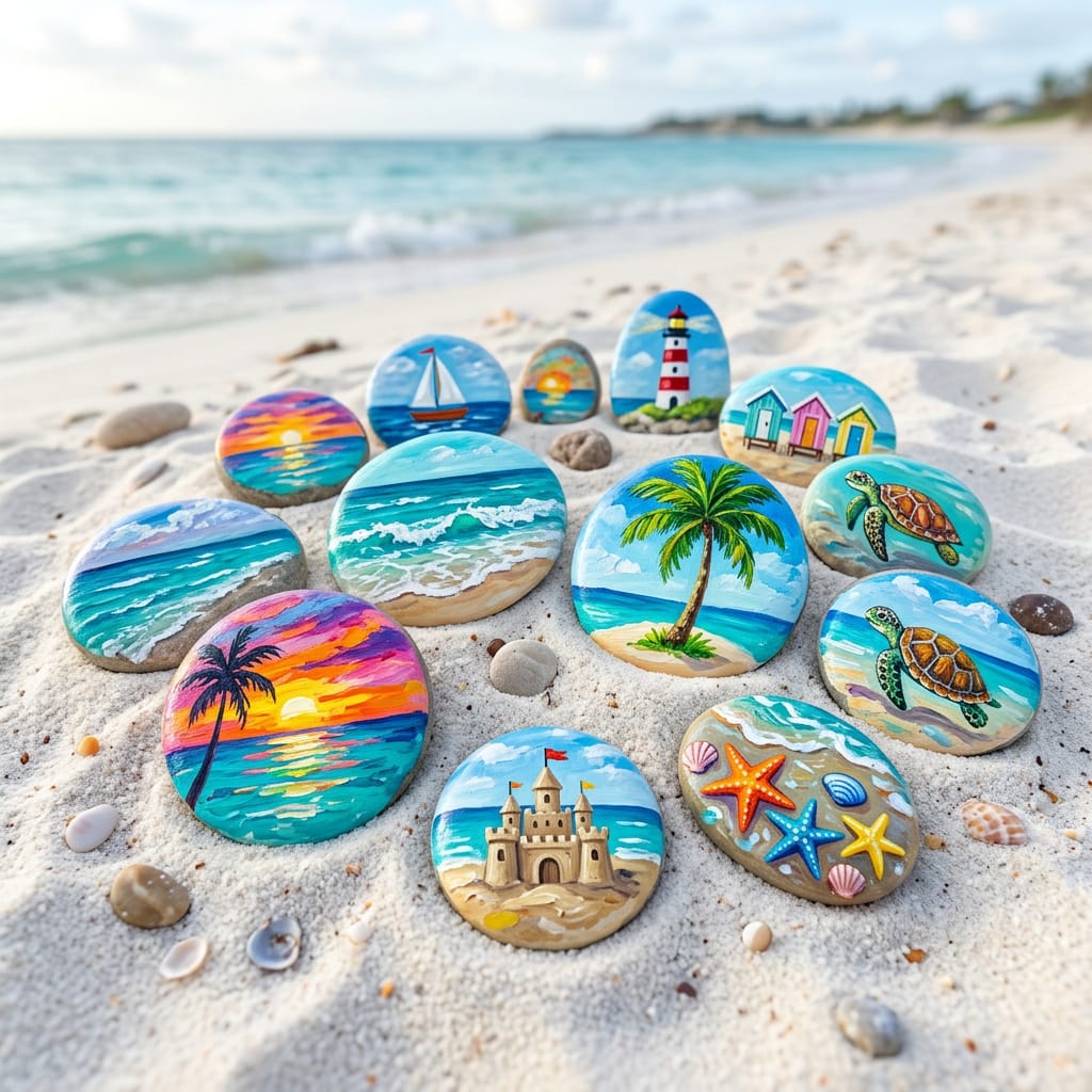 Hand-painted stones with tropical beach scenes displayed on sand near ocean waves