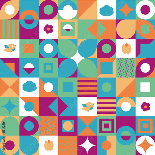 Colorful geometric grid with circles, squares, triangles and flowers in retro tones
