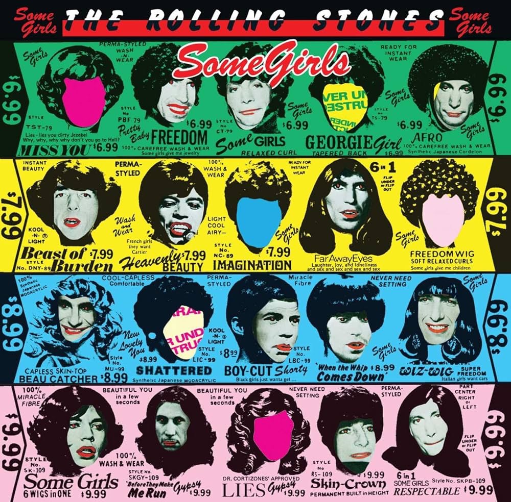 Colorful pop art album cover collage with illustrated faces and Rolling Stones Some Girls text