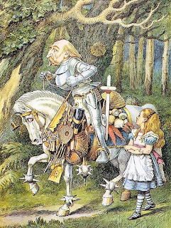 Alice speaking with the White Knight on a white horse in a forest, vintage book illustration