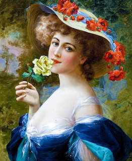 Portrait painting of woman in blue dress and flowered hat holding yellow rose