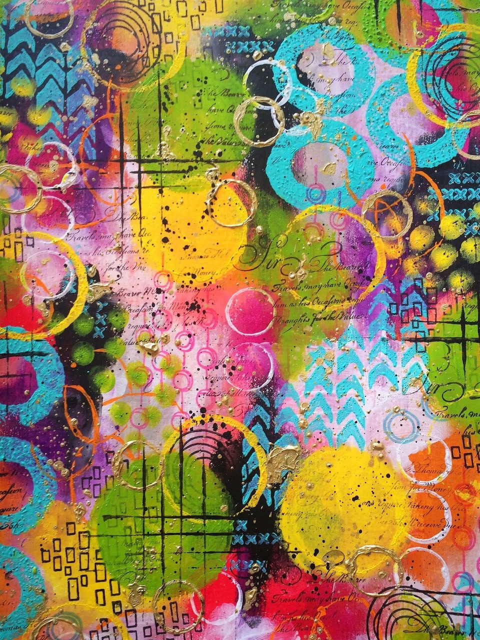 Colorful abstract mixed-media painting with circles, geometric patterns, and bright paint splashes