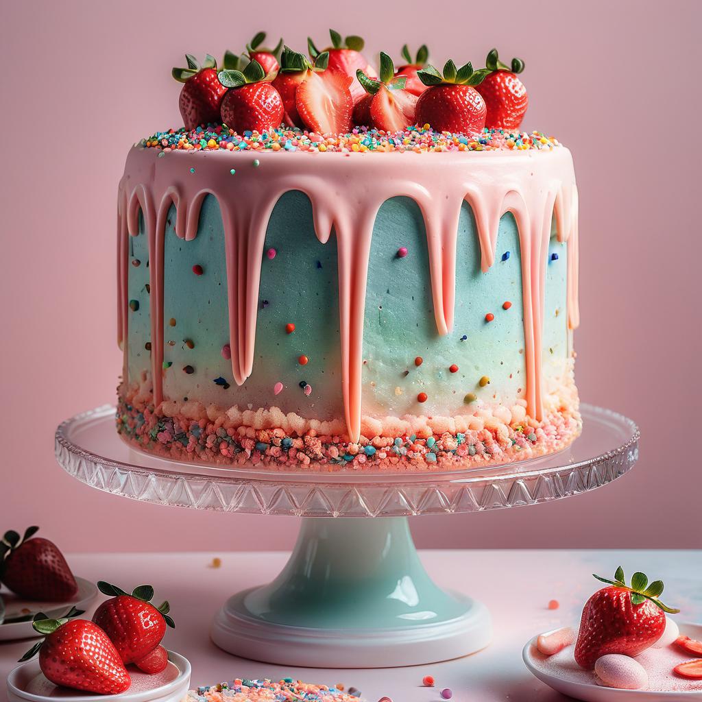 Layered cake with pink drip frosting, strawberries, and sprinkles on turquoise stand