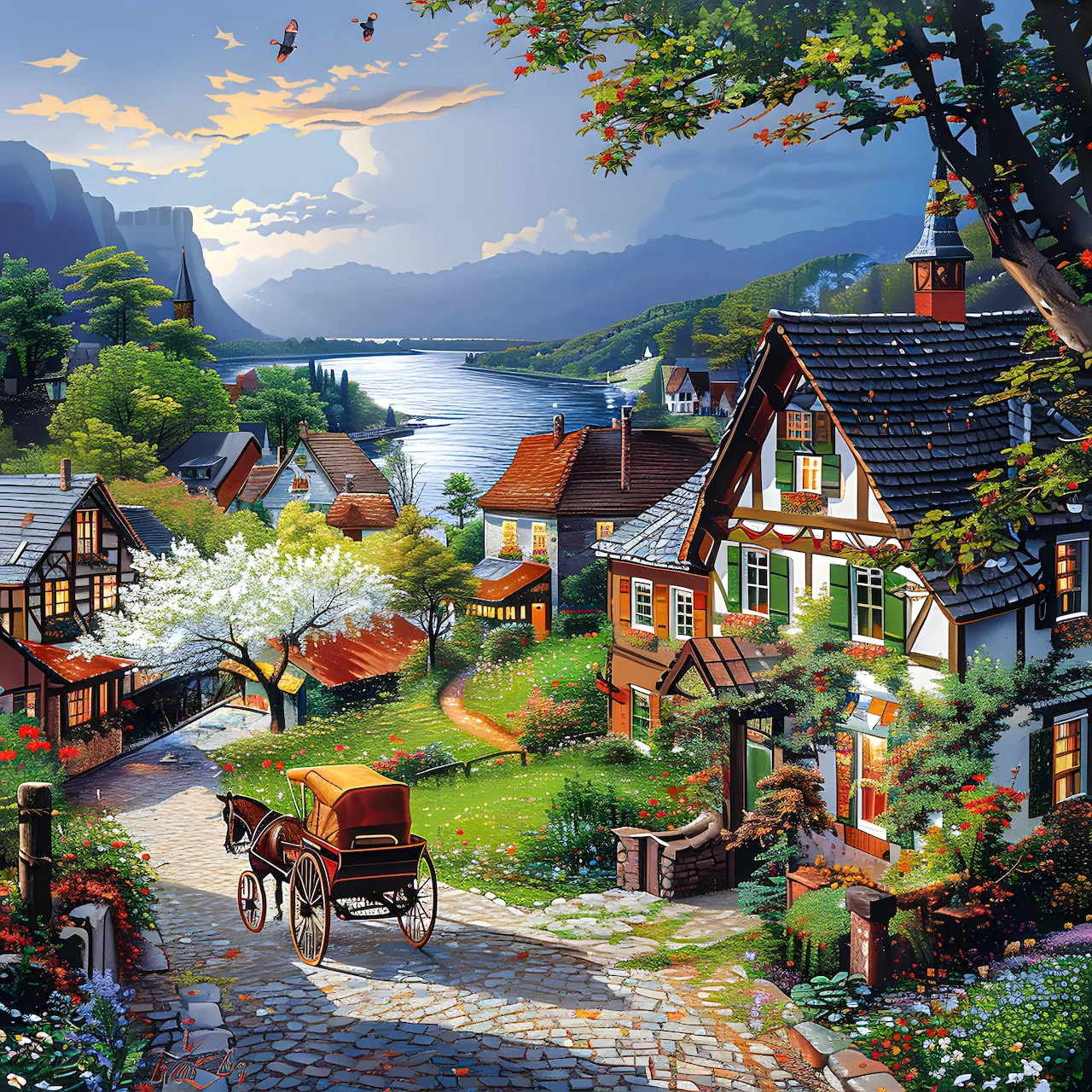 Picturesque village with cottages, gardens, and horse carriage by a coastal bay with mountains under a cloudy sky