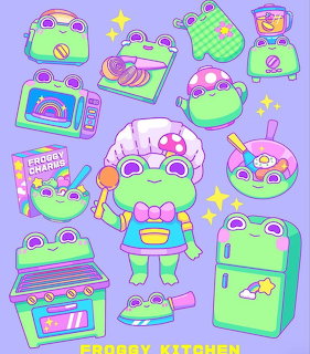 Cute cartoon frog chef with colorful kitchen appliances and food items on purple background
