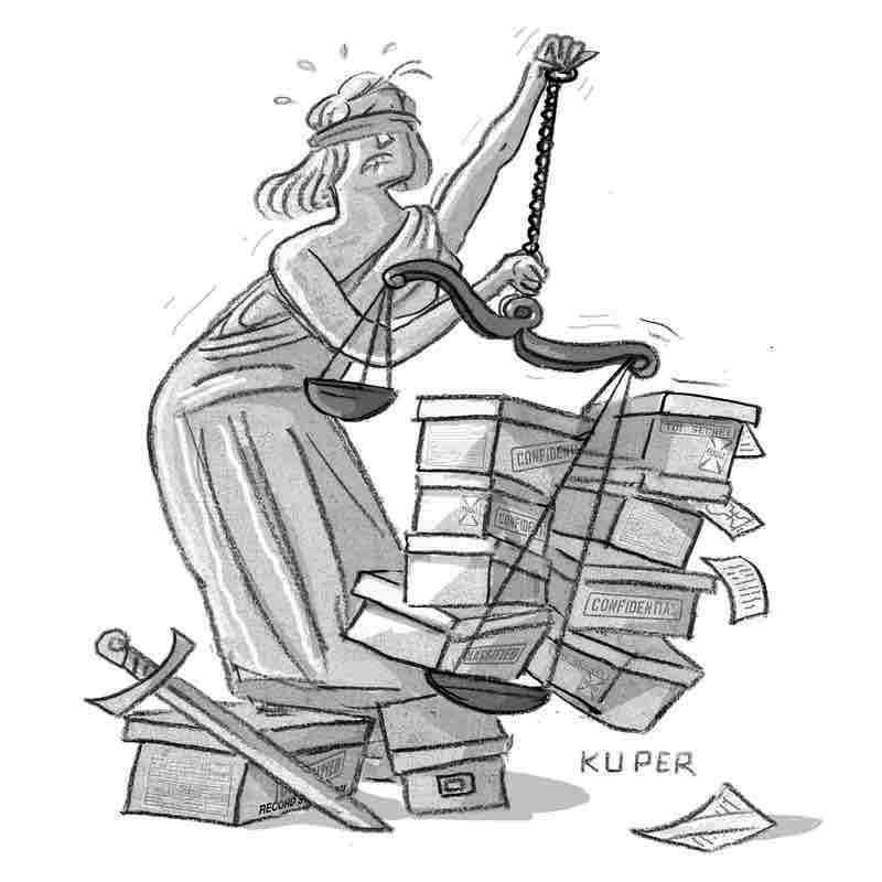 Black-and-white drawing of Lady Justice with scales, papers, and a sword