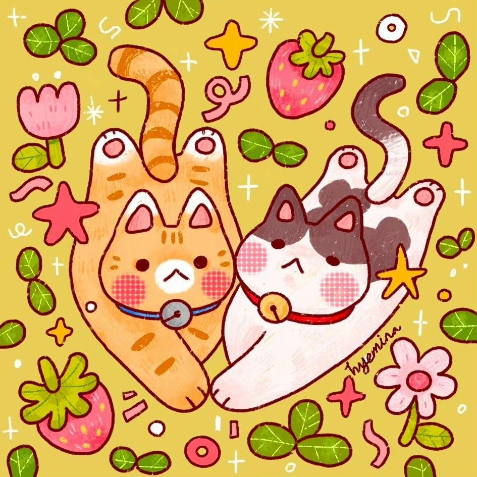 Two cute cartoon cats with strawberry-themed decorations surrounded by strawberries, flowers and leaves