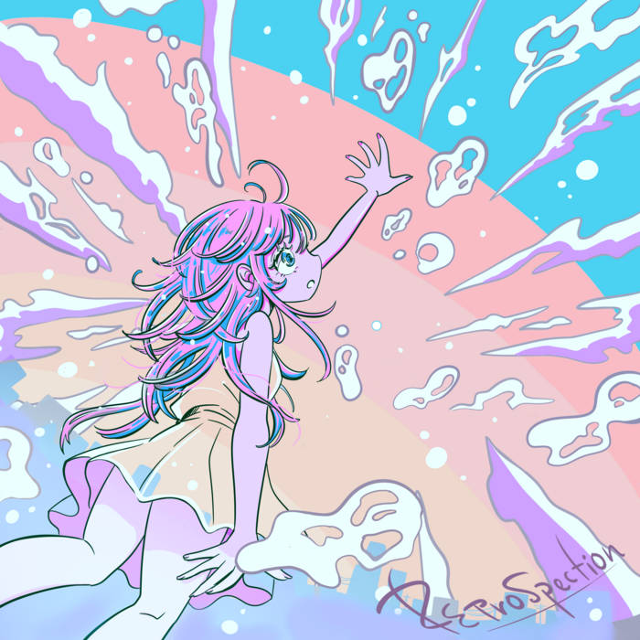 Pastel anime girl with flowing hair surrounded by white splashes on a pink and blue background