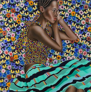 Woman in profile wearing patterned dress against colorful floral background, contemporary figurative painting style