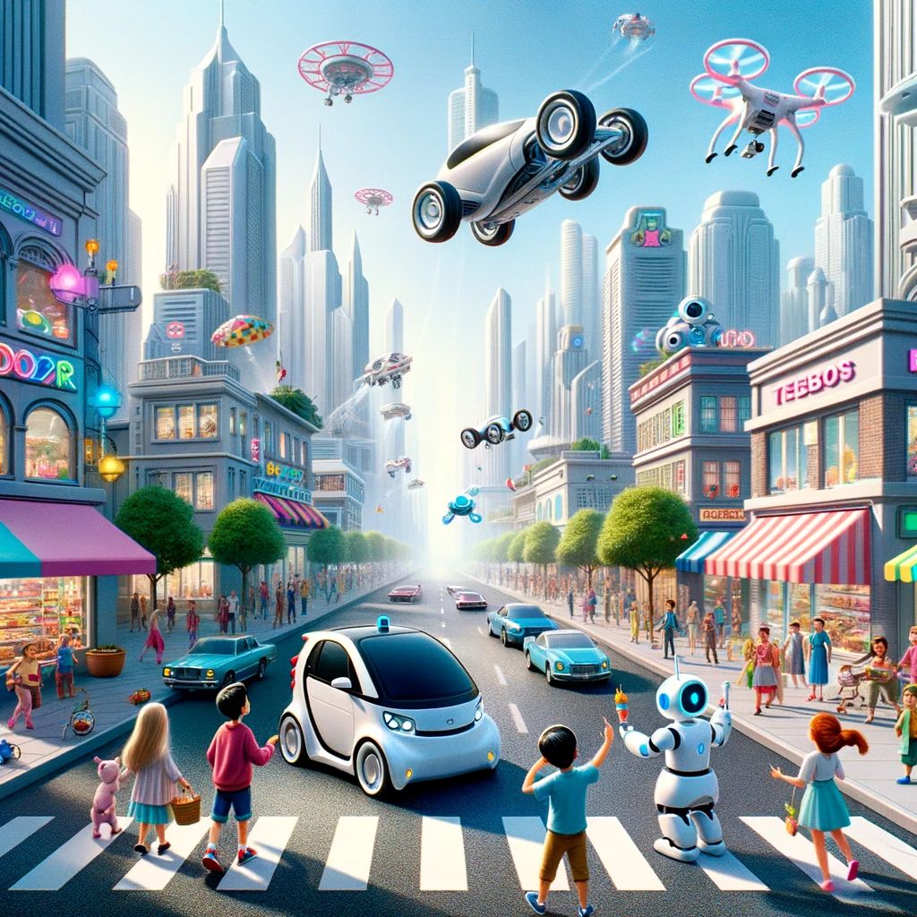 Futuristic city street with flying cars, robots, and children crossing at a crosswalk
