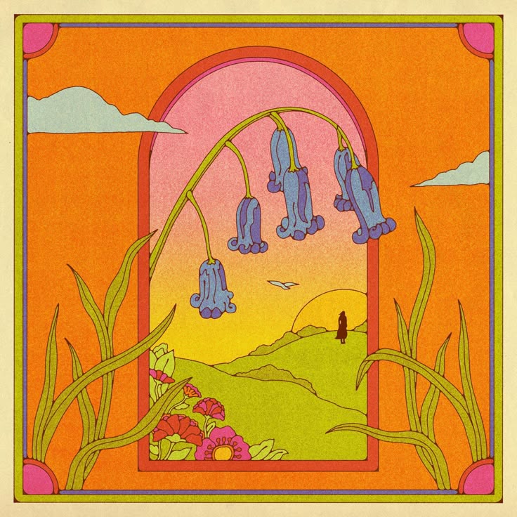 Stylized orange illustration of an arched window with blue flowers, grass, and a sunny landscape