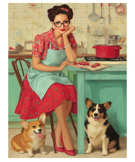 Vintage pin-up style illustration of a woman in red dress and apron with two corgi dogs in a kitchen