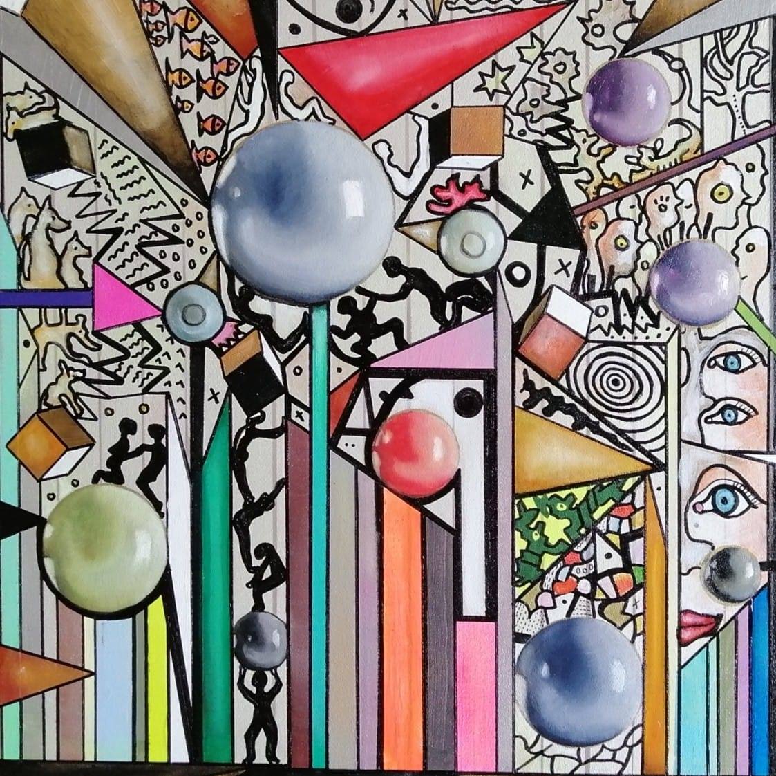 Abstract collage with geometric patterns, spheres, and colorful vertical stripes in mixed media style