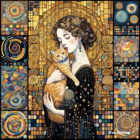 Woman in black dress holding orange kitten, surrounded by ornate mosaic border with circular patterns