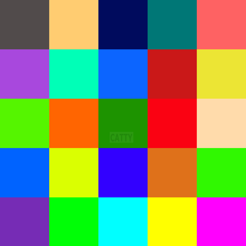Grid of 25 colorful squares in various bright colors arranged in a 5 by 5 pattern