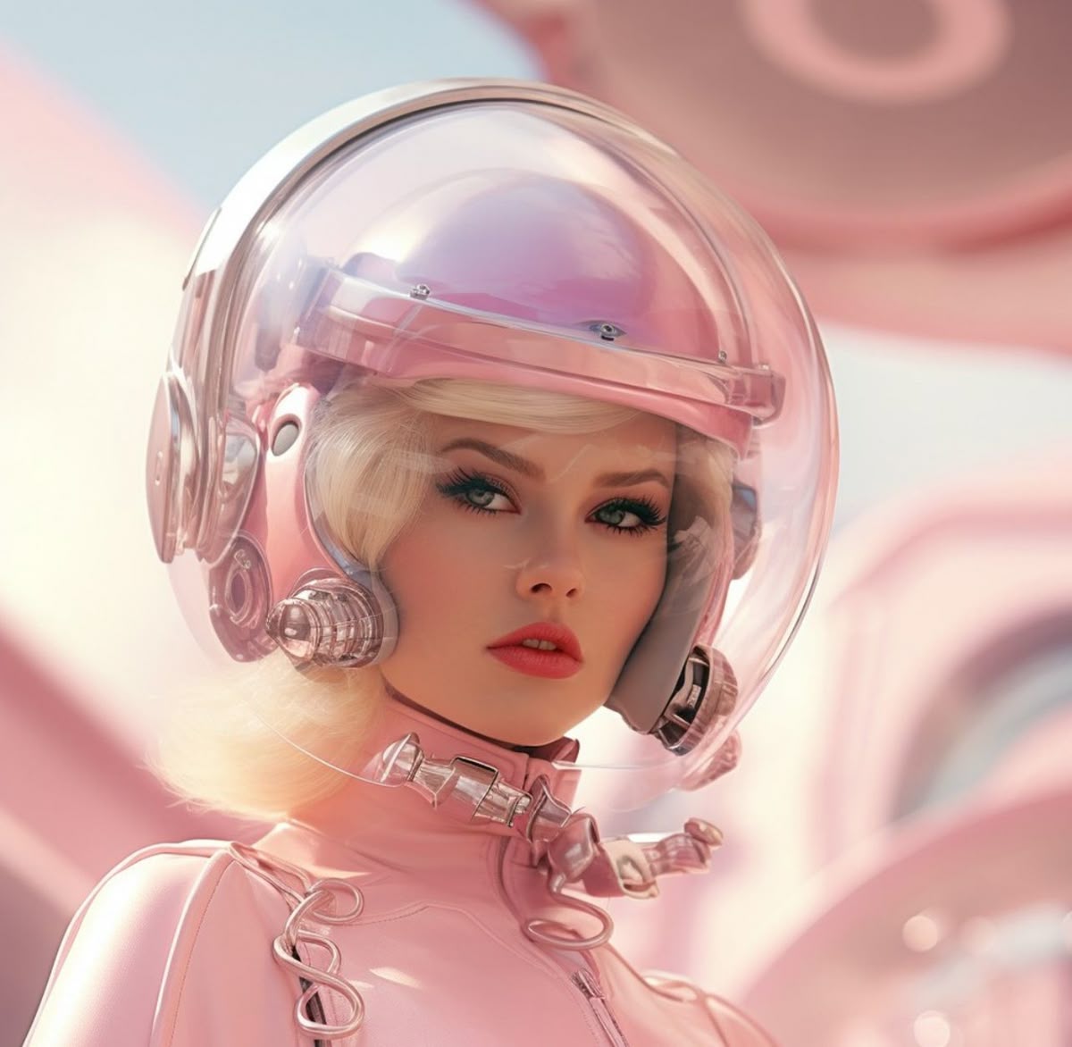 Woman in a pink astronaut suit and clear space helmet against a soft pastel sci-fi background